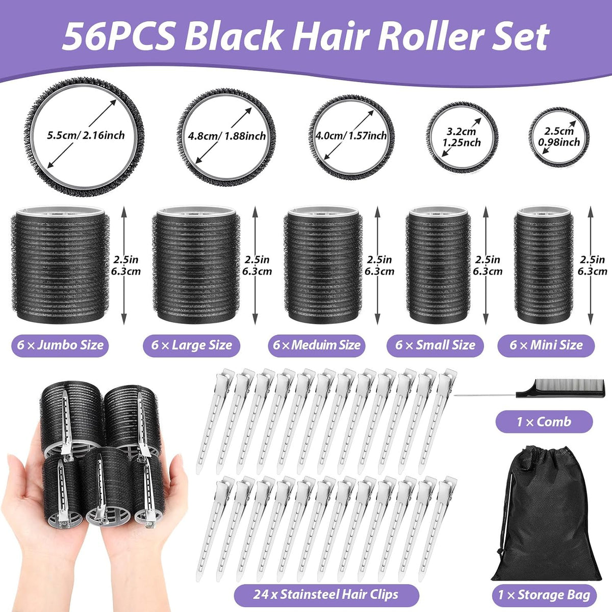 56 Stück Lockenwickler Mit 5 Größen, Hair Roller Mit Aufbewahrungstasche Für Lange, Mittlere, Kurze, Dicke, Feine Volumen, Pony, Jumbo-Haarroller Für Salon-Frisuren Und Diy-Frisuren